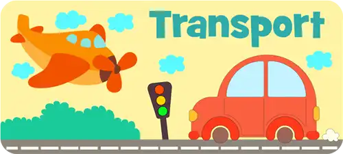 Transport coloring book for kids featuring cars, trucks, and airplanes illustration